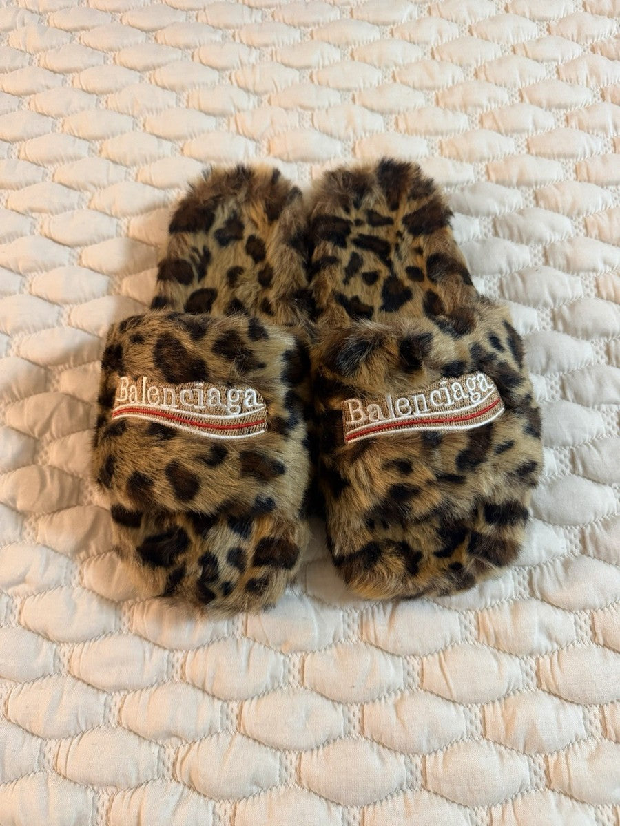 Balenciaga Fur Slide Sandals "Leopard"
