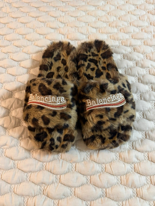 Balenciaga Fur Slide Sandals "Leopard"