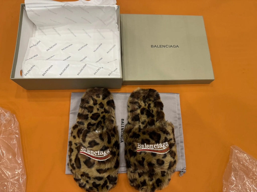 Balenciaga Fur Slide Sandals "Leopard"
